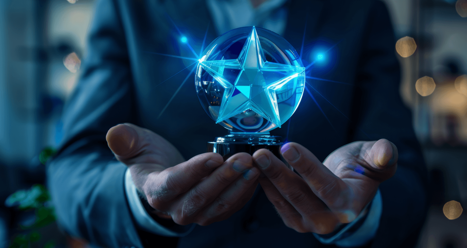Hands holding a crystal star award