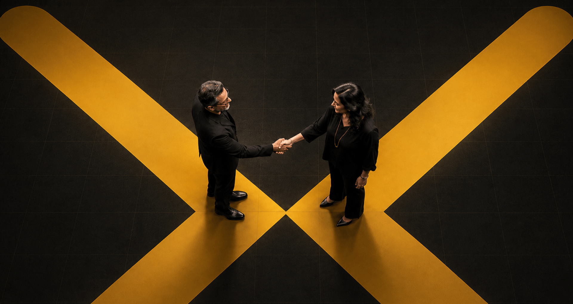 Industry professionals sealing a partnership handshake over Frameboxx branding