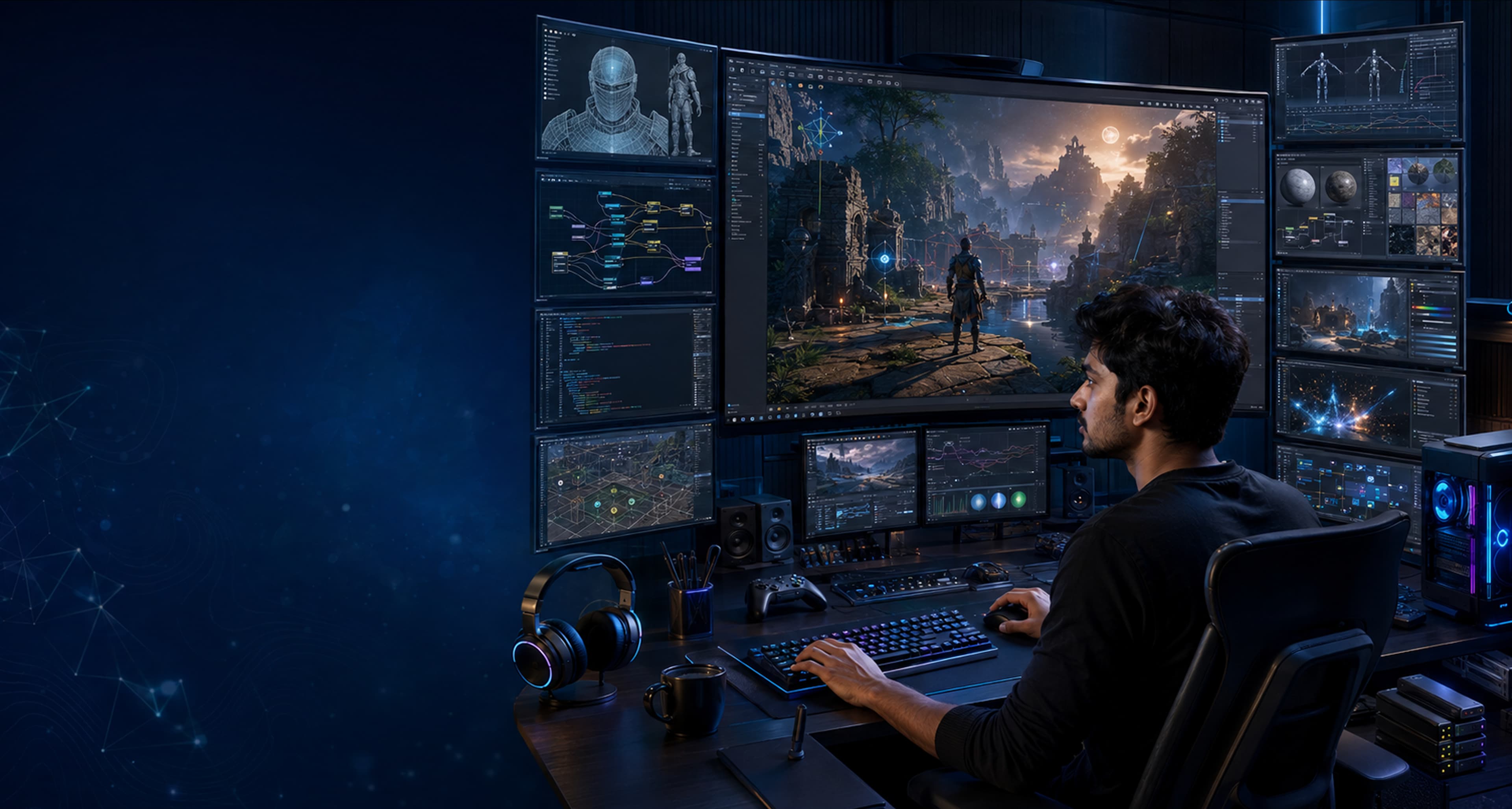 Student with game controller in a Unity and Unreal Engine game development studio