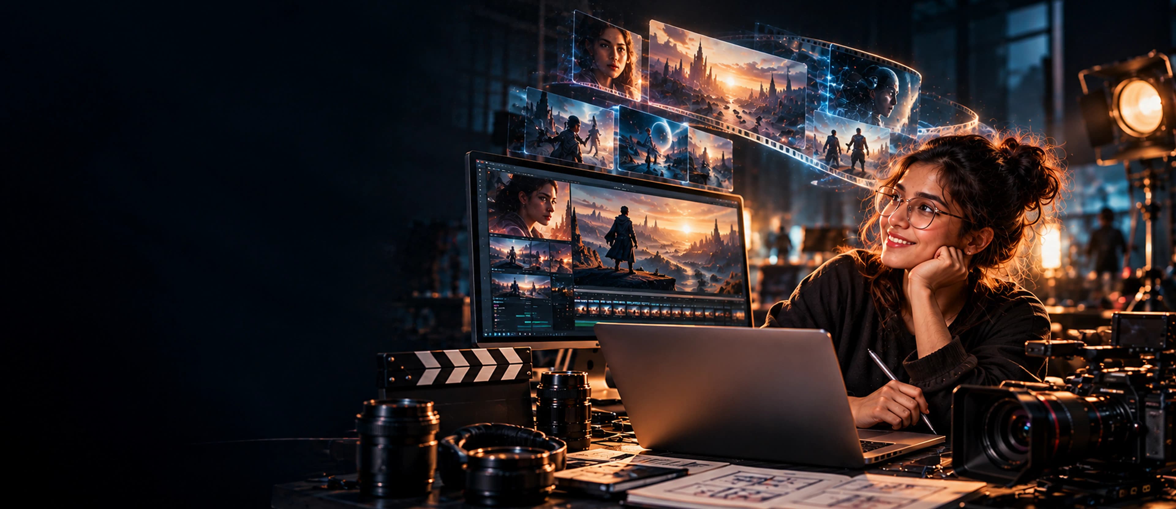 Expert Program in Advanced AI Filmmaking - Cinematic studio workstation with production monitor