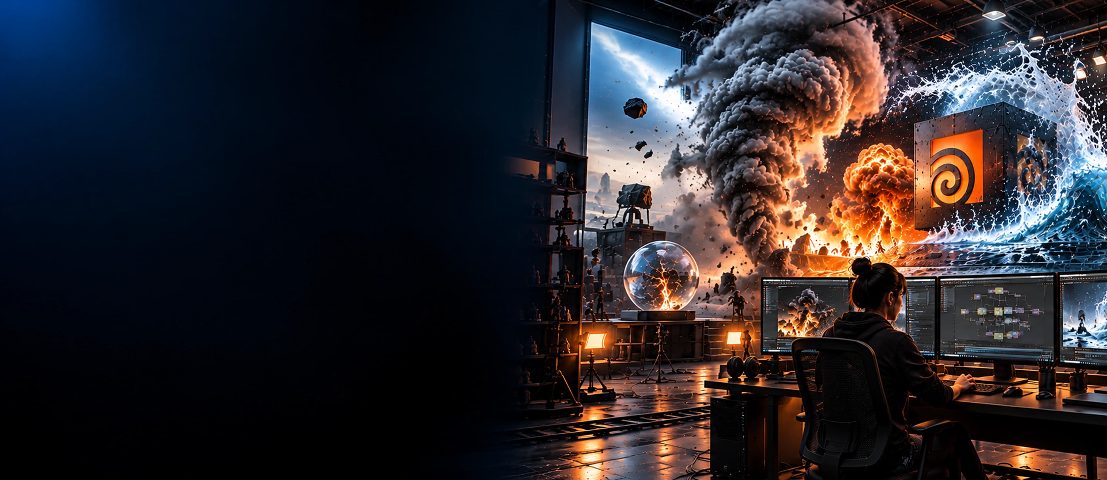 Houdini FX simulation student at workstation with procedural nodes and dynamic visual effects
