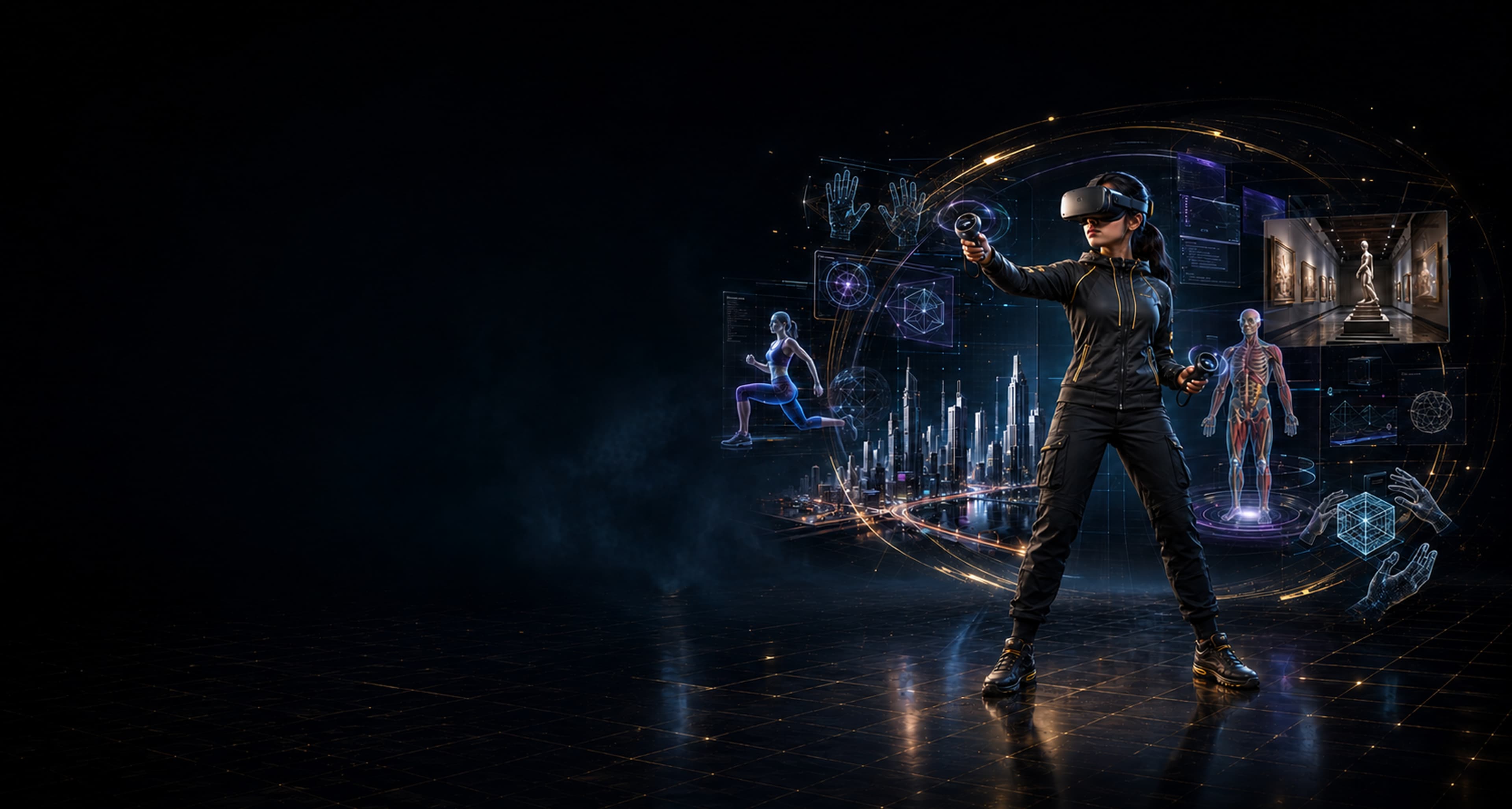 VR developer with headset in a futuristic VR development lab
