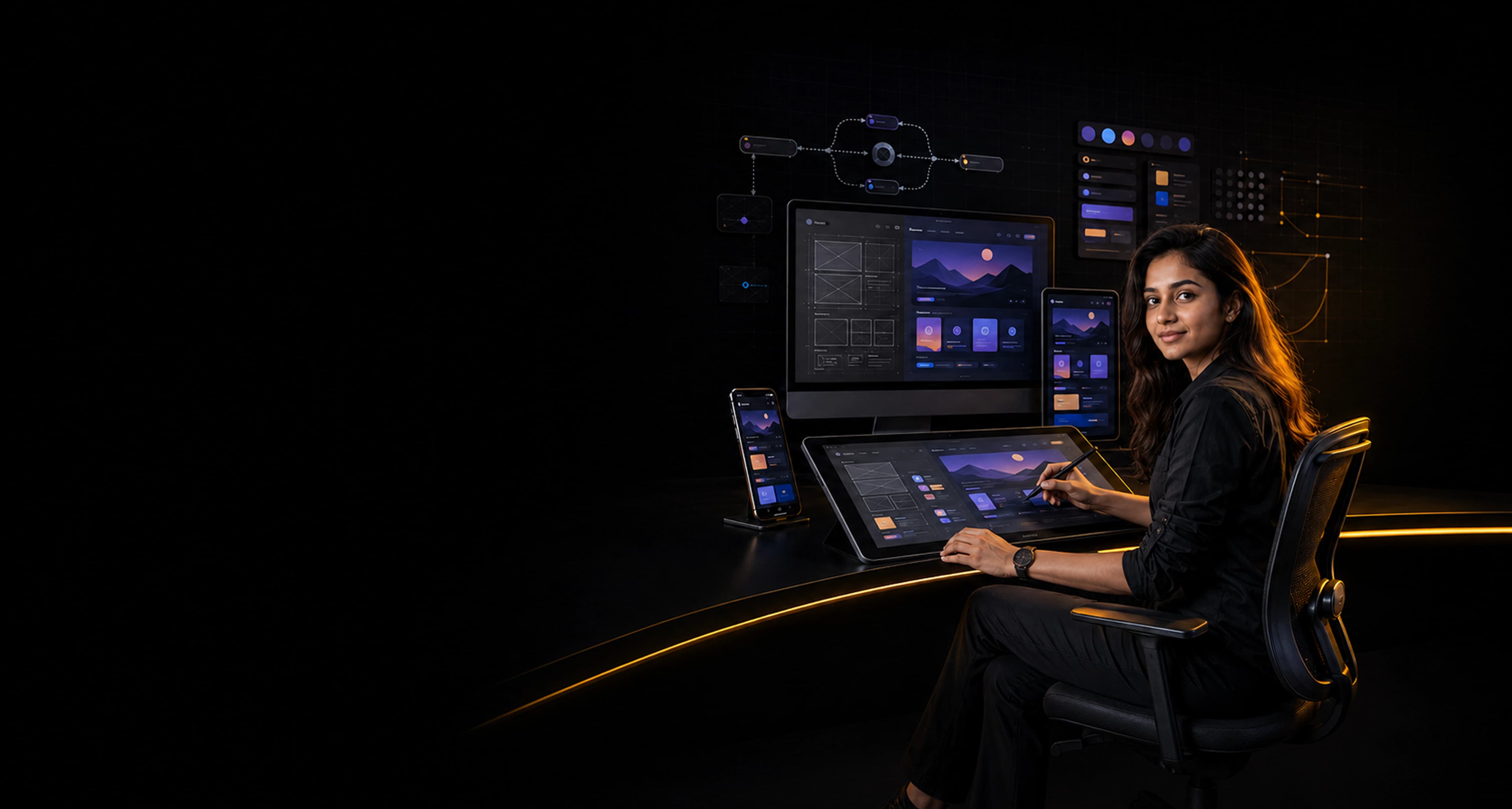 UI/UX design student with laptop in a modern design studio for Expert Program in Web & UI / UX Design