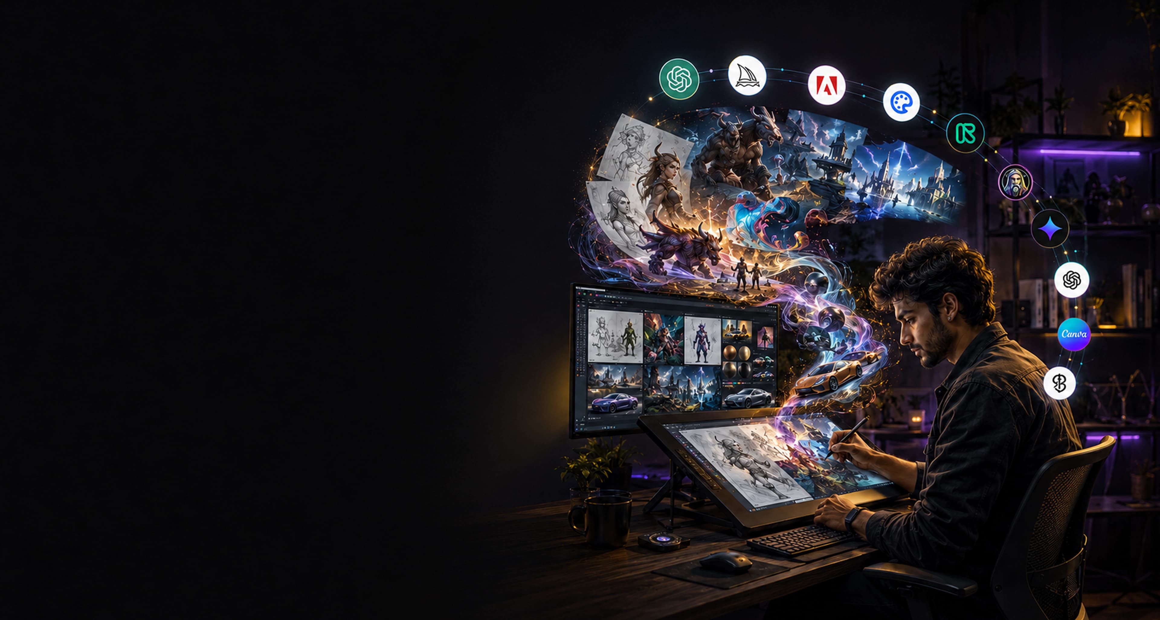 Student exploring Generative AI holographic panels for image, video, voice, and design