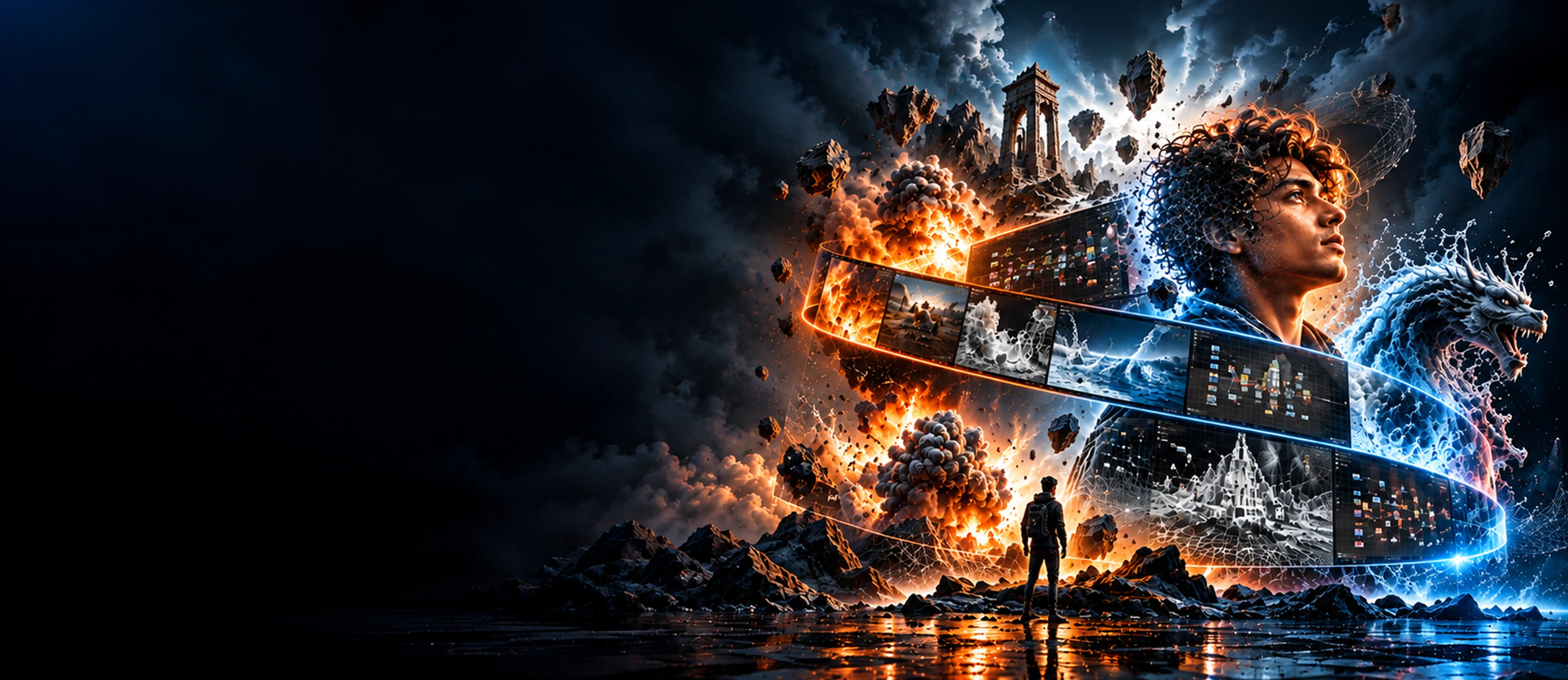 Houdini master artist with water and fire dynamic simulation effects and procedural workstation