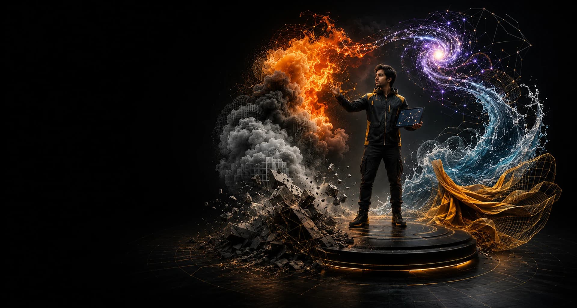 Artist controlling fire, water, debris and particle FX simulations for MPAV FX & Dynamics