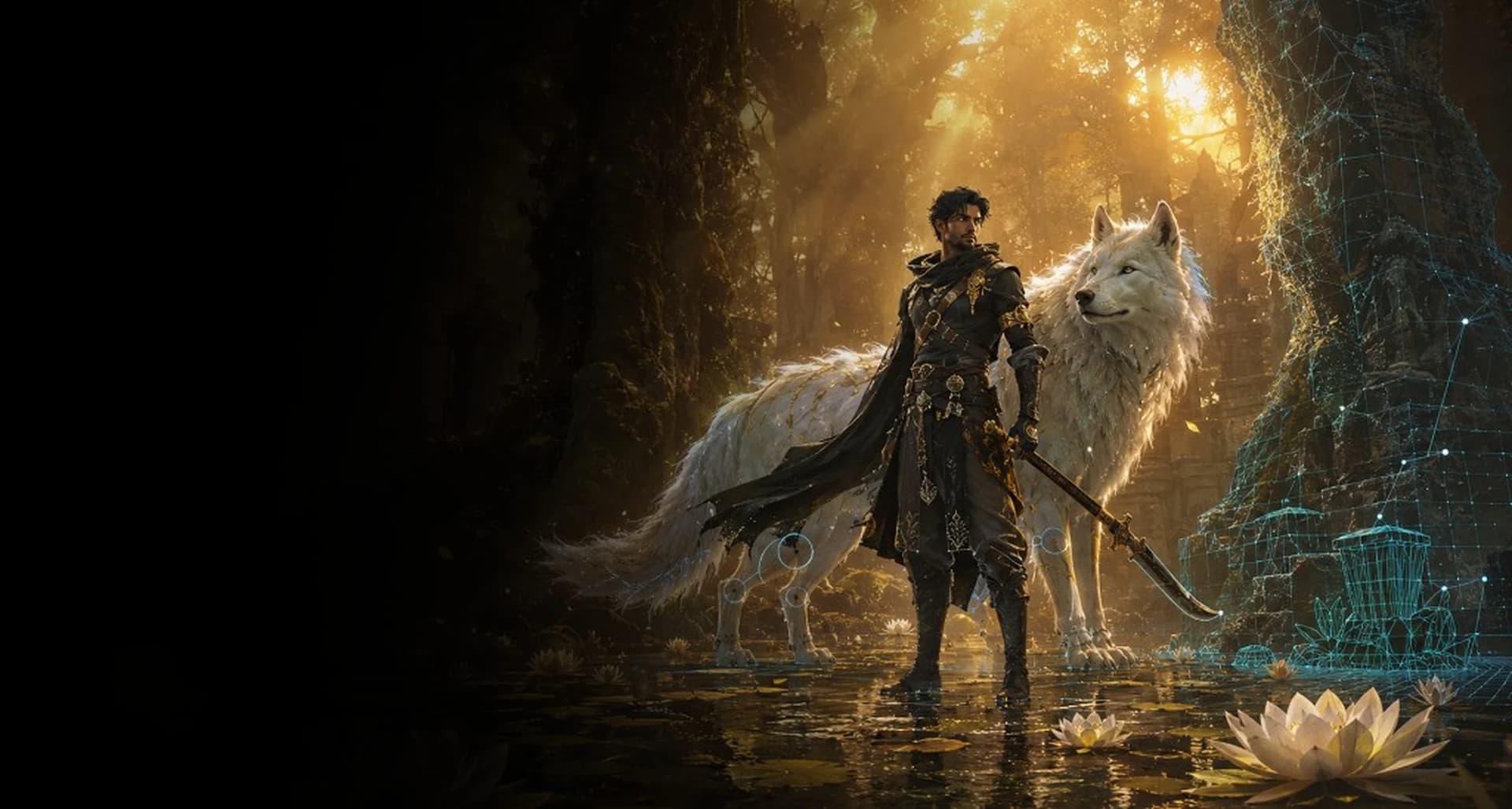 Fantasy warrior and wolf in a forest with 3D wireframe overlays for MPGA Game Art