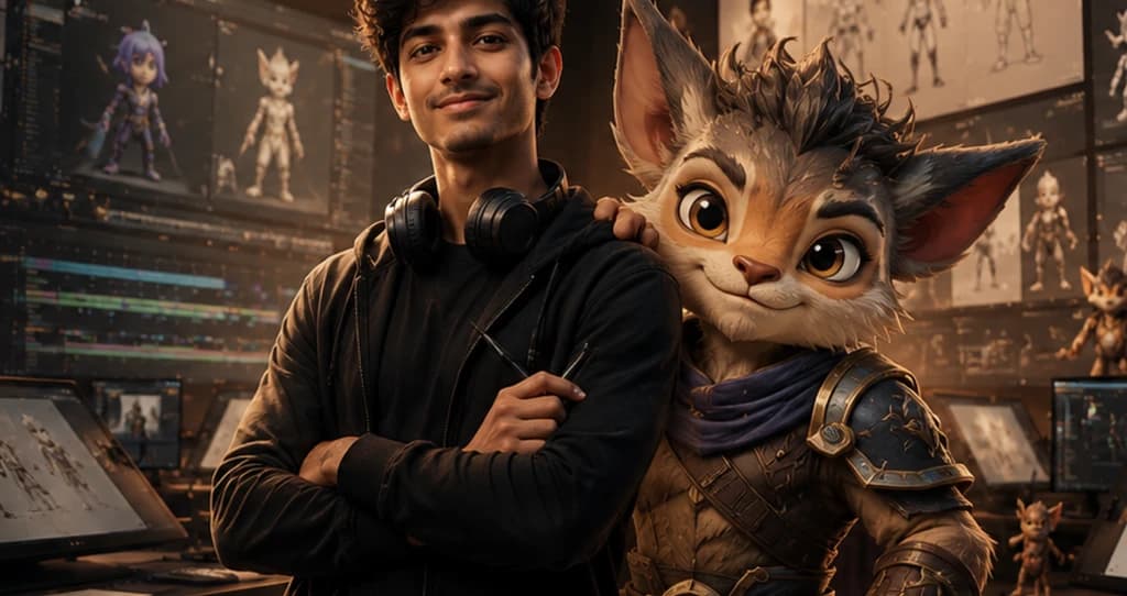 Student with animated character for Diploma in Animation