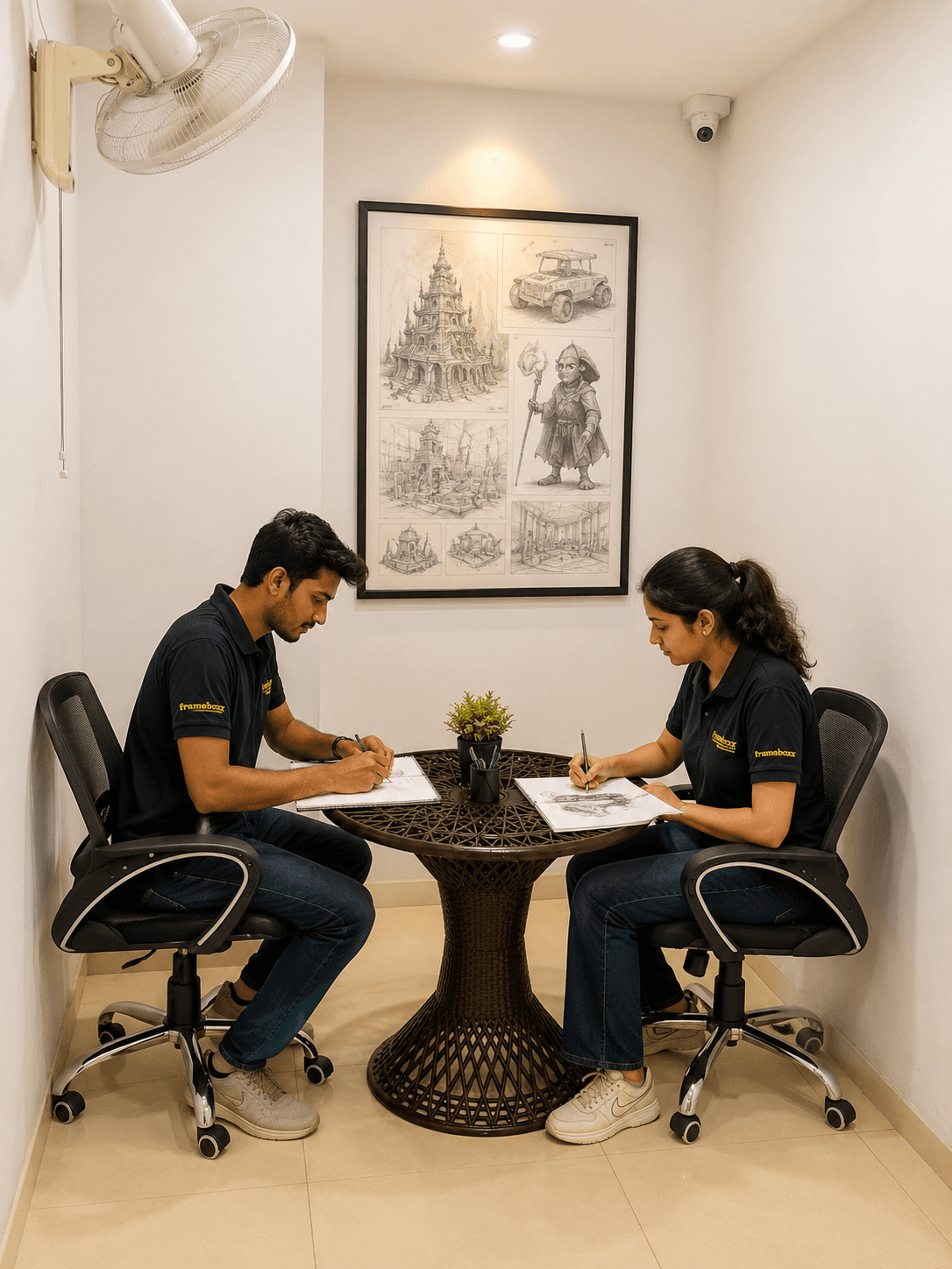 Students collaborating in a Frameboxx campus studio environment