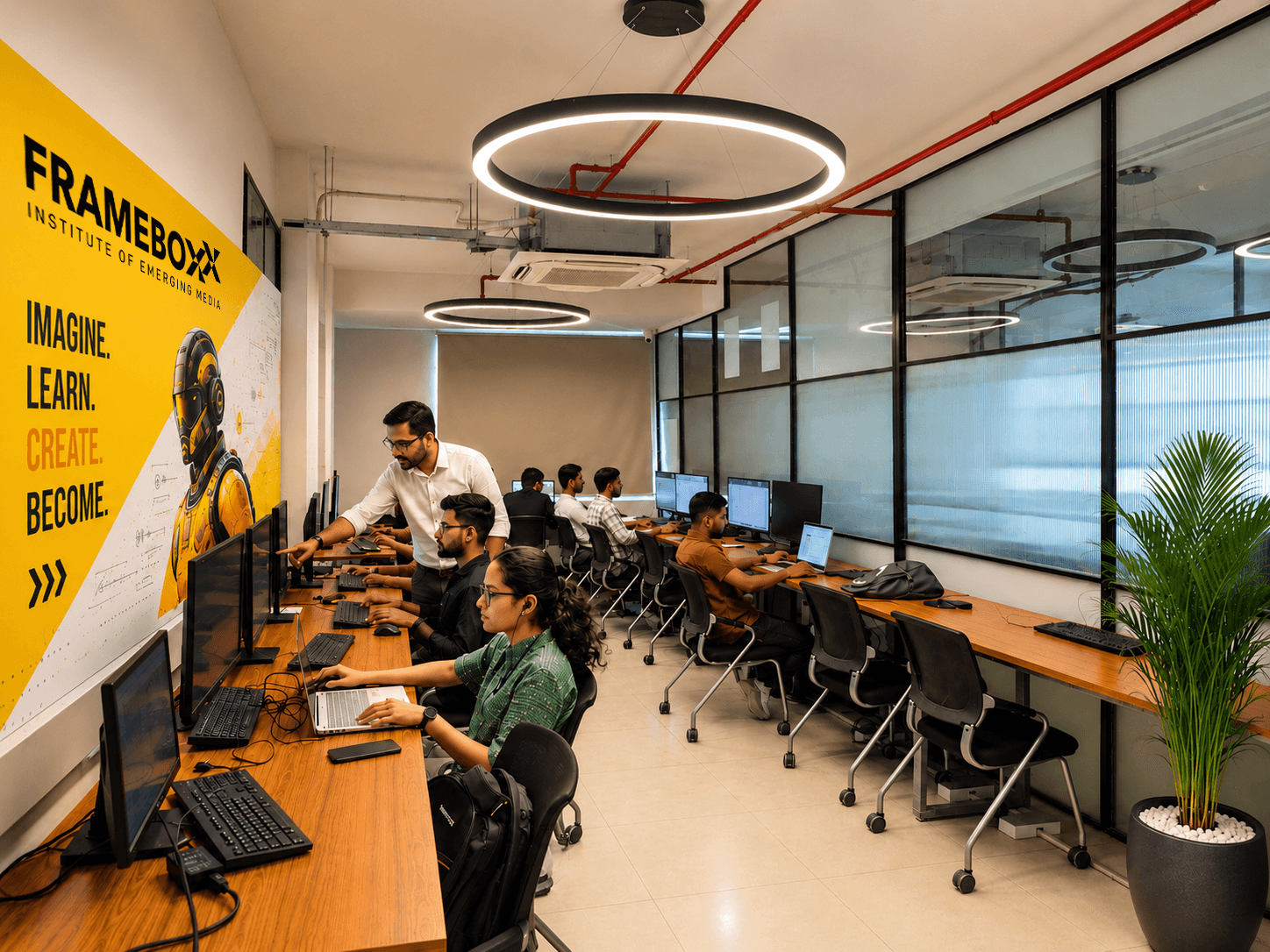 Frameboxx render-ready workstation lab with studio monitors and green mesh chairs