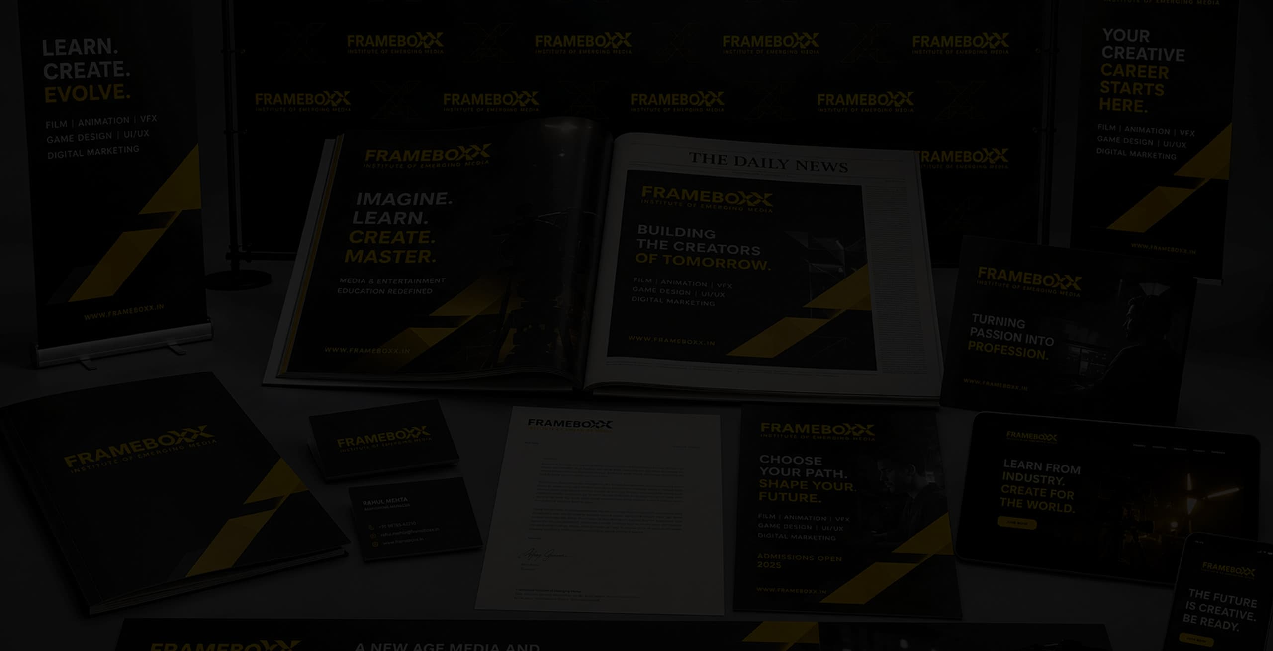 Frameboxx brand media kit with press collateral, banners, and digital mockups