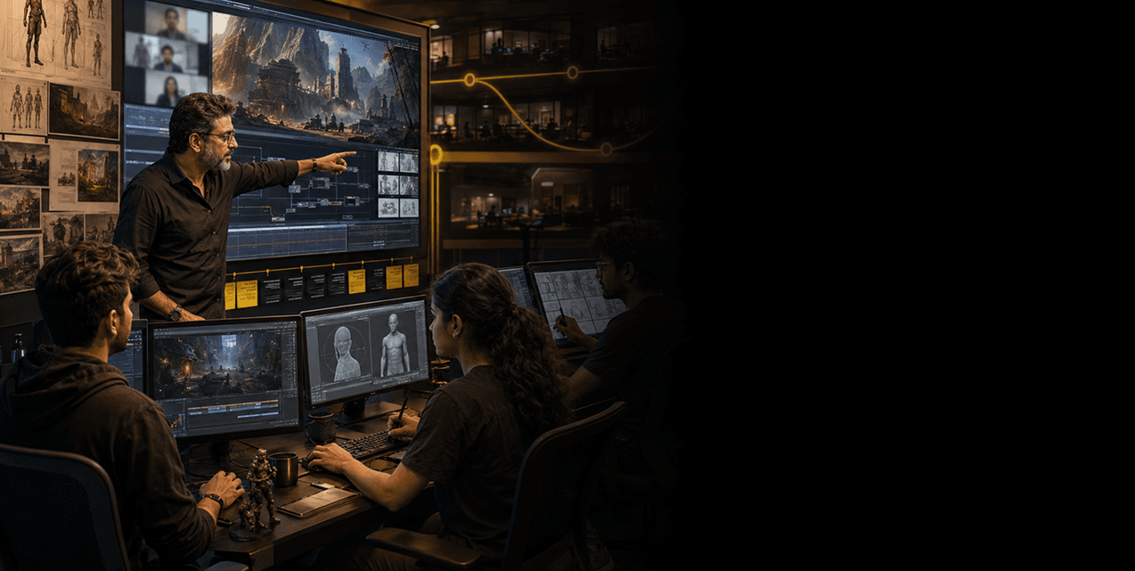 Industry mentor guiding students through live VFX work in a Frameboxx studio