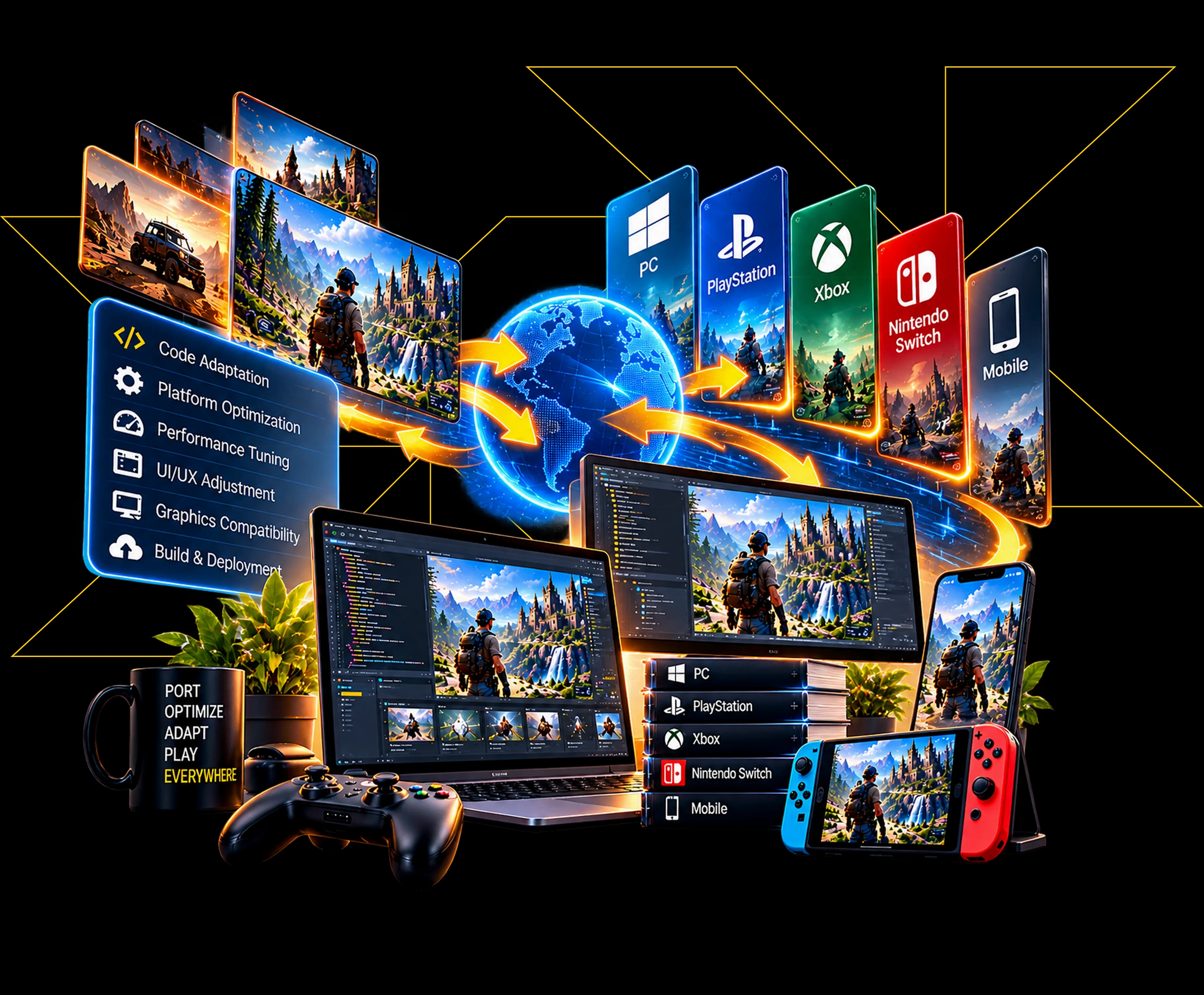 Game porting setup across mobile, PC, and console platforms