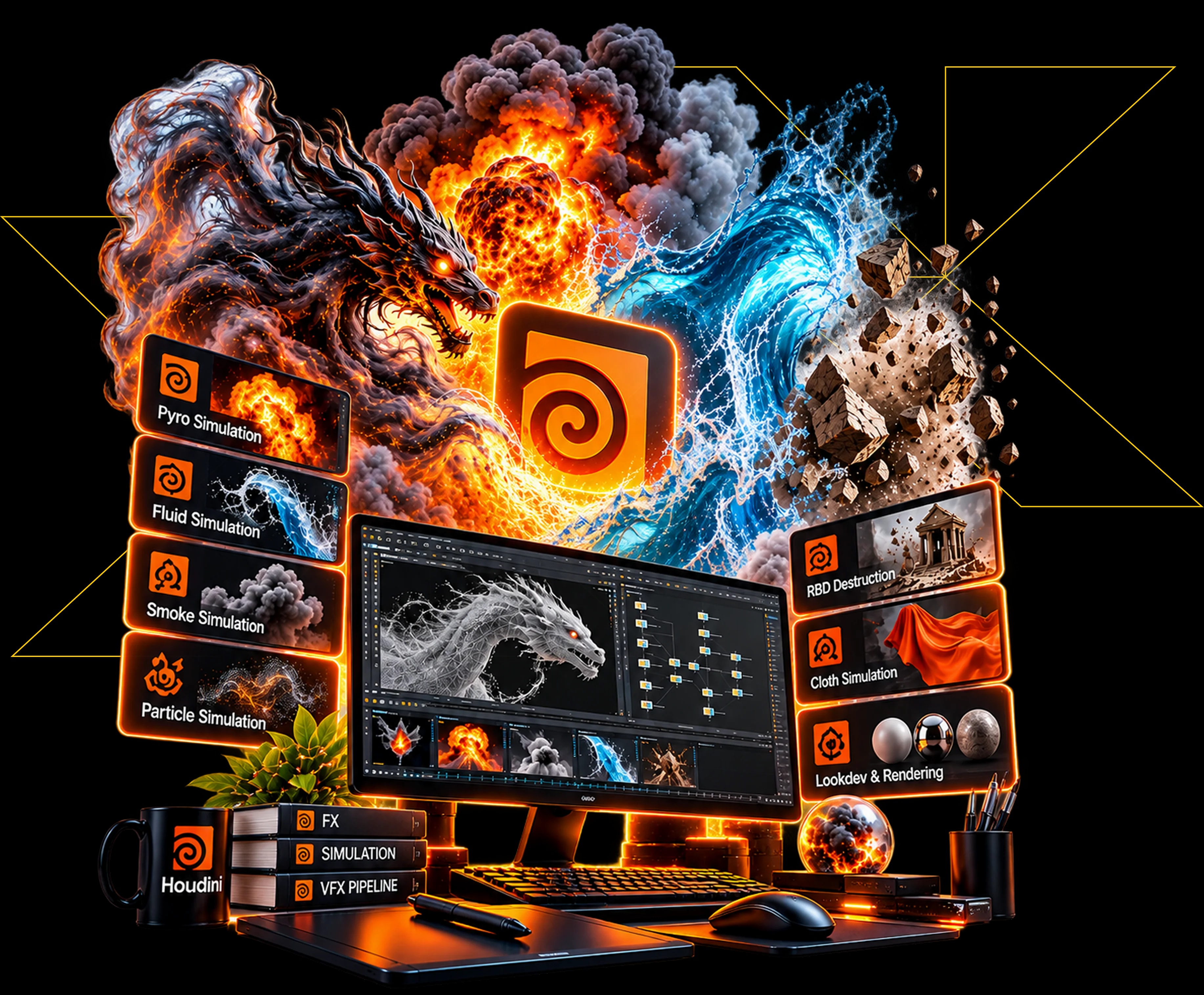 Houdini FX simulation workstation with procedural dragon effect, node graph, and simulation books