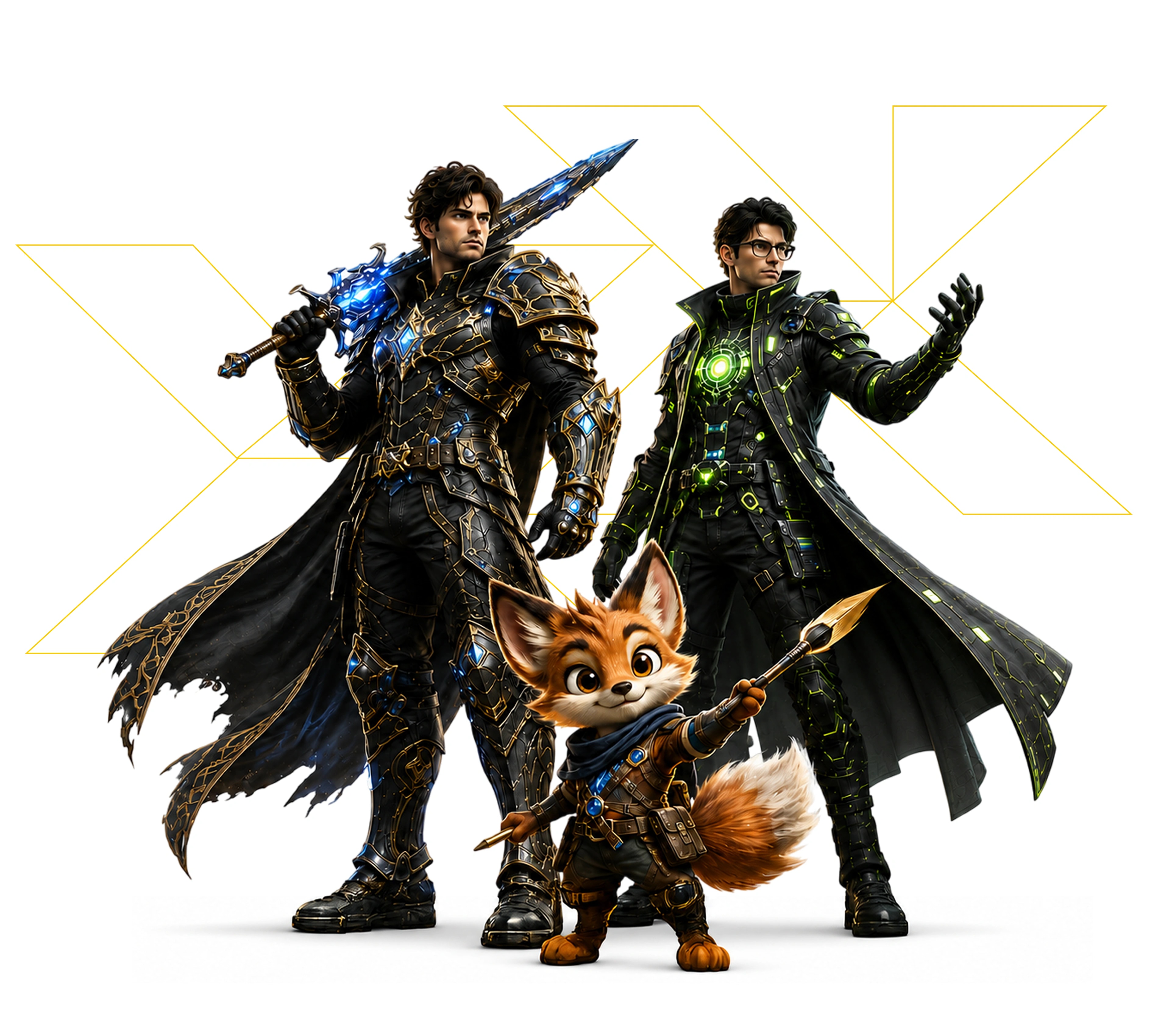 Armored characters and fox companion illustrating 3D Animation & Visual Effects