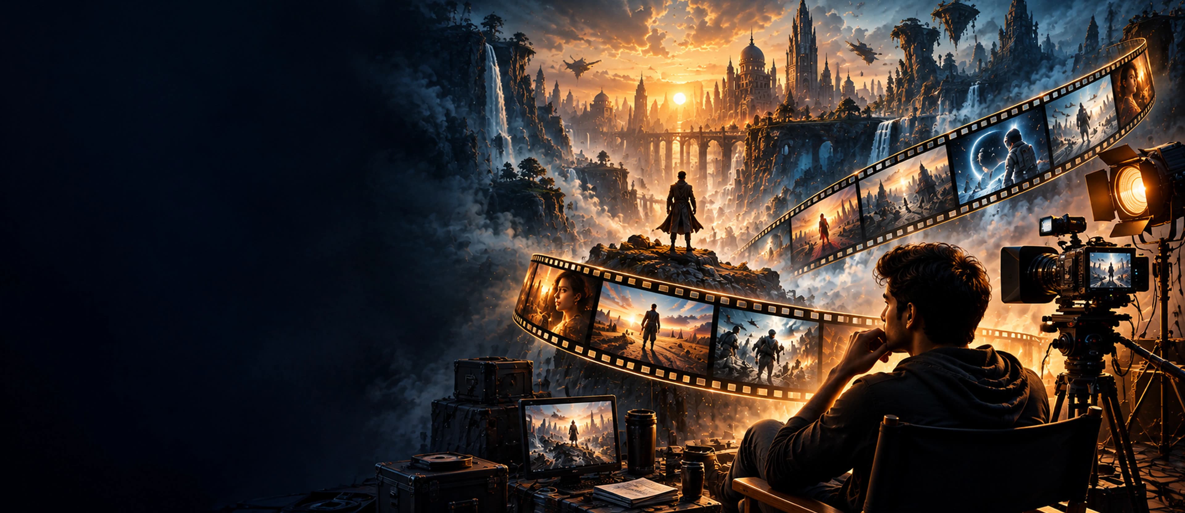 Expert Program in AI Filmmaking - Cinematic studio workspace with production monitor