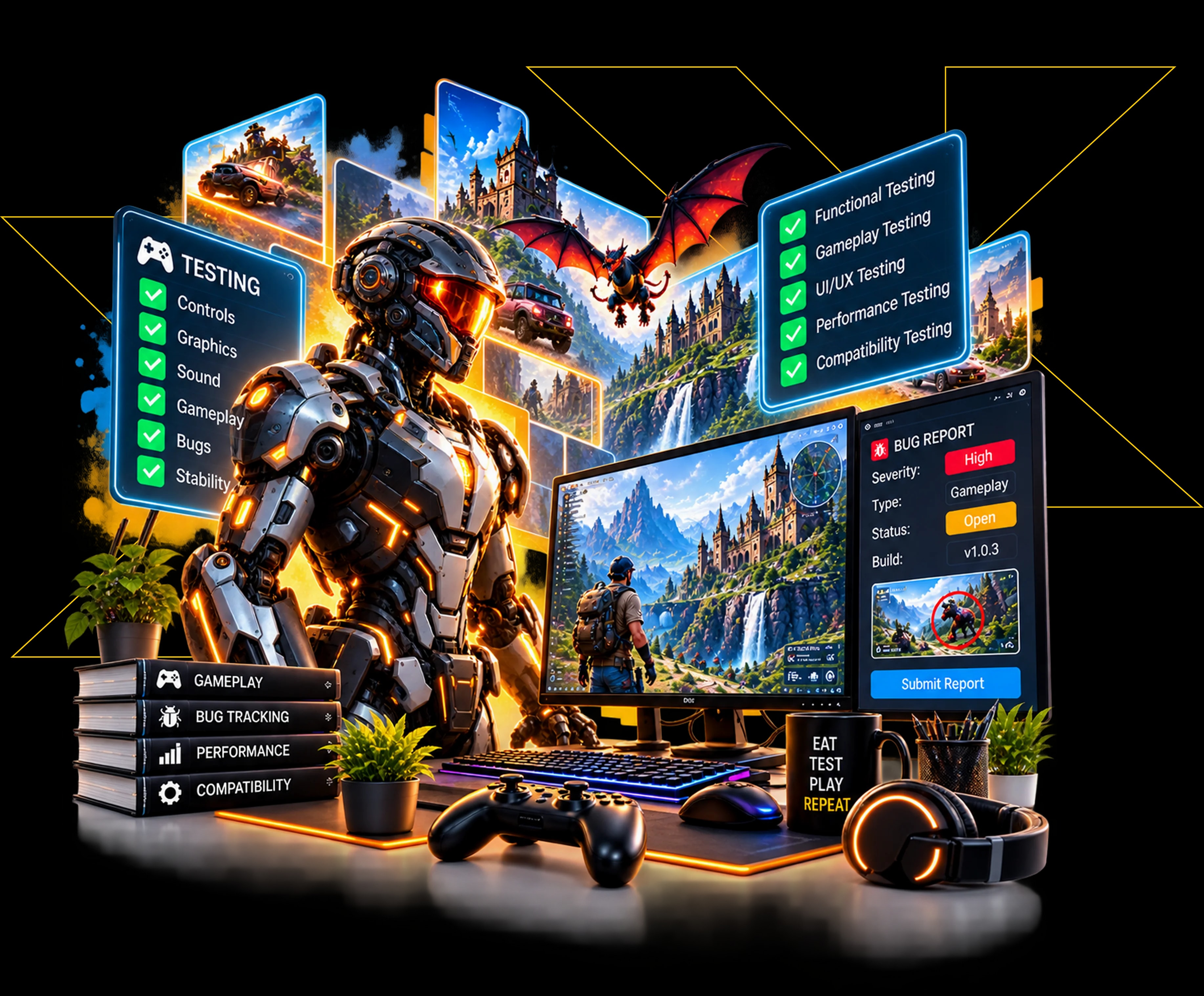 Game testing setup with multi-screen monitors, bug tracking tools, and testing methodologies