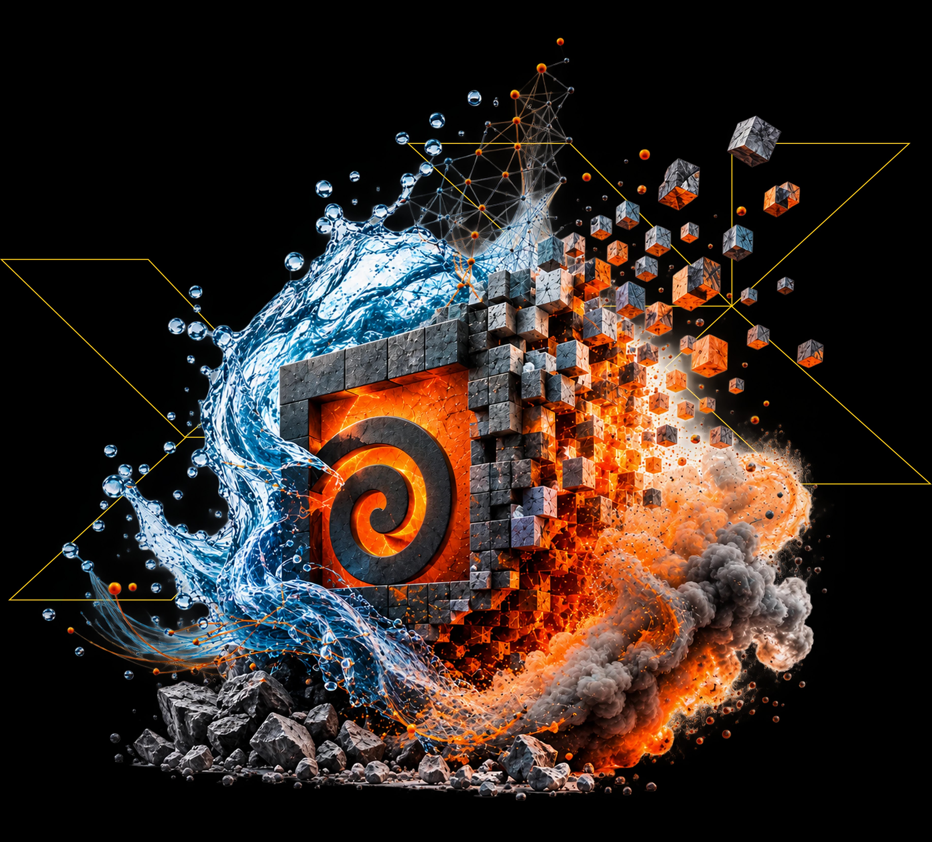 Procedural water splash and fire vortex simulation in Houdini workstation setup
