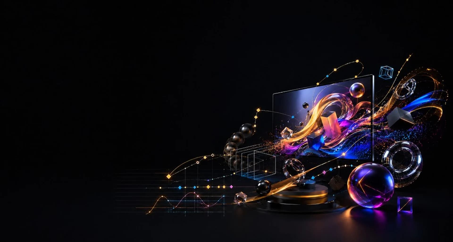 Motion graphics monitor with glowing 3D shapes and light trails for MPMG Motion Graphics
