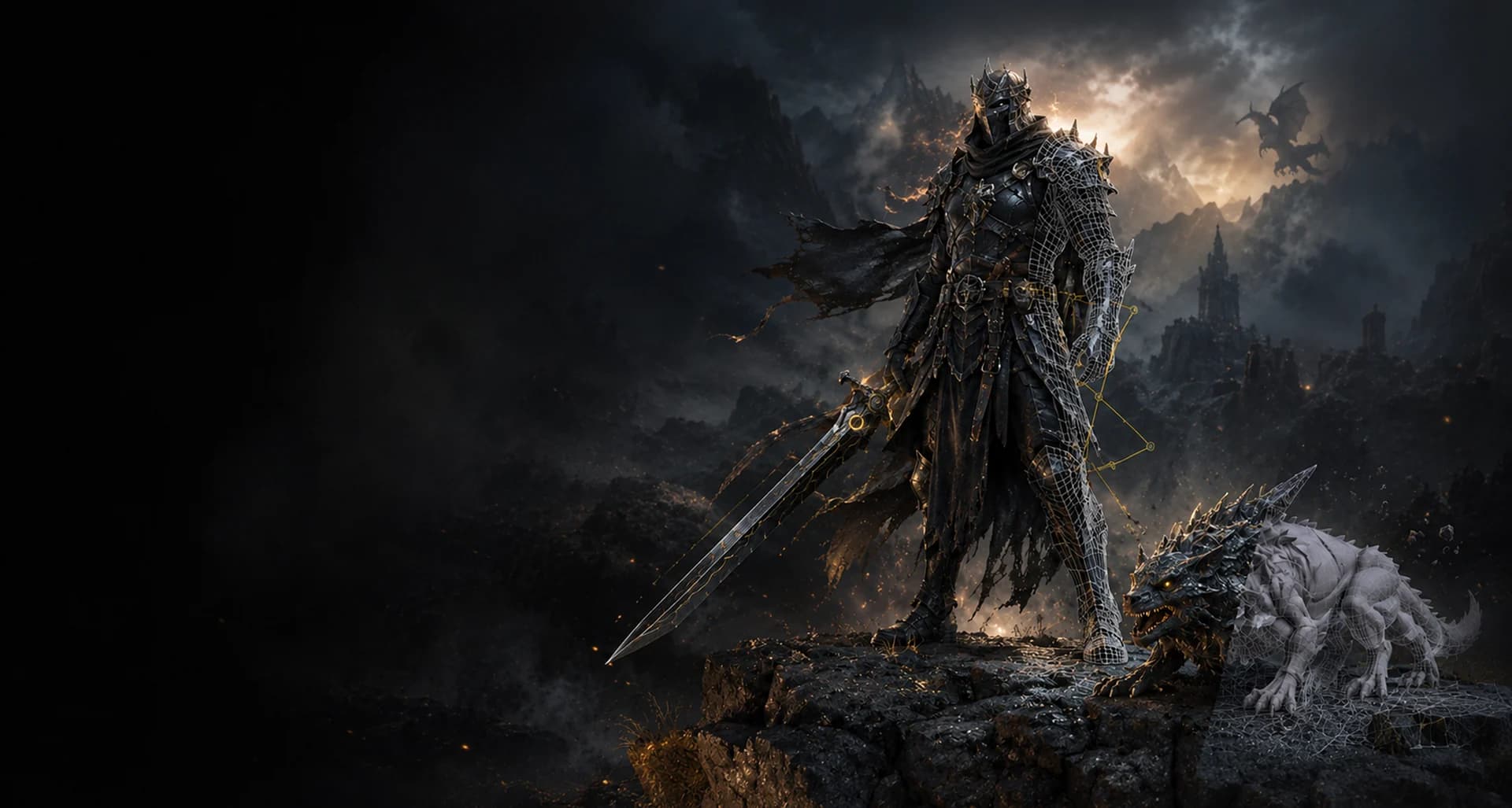 Armored knight and wolf with 3D wireframe overlay for Specialization Program in 3D / VFX